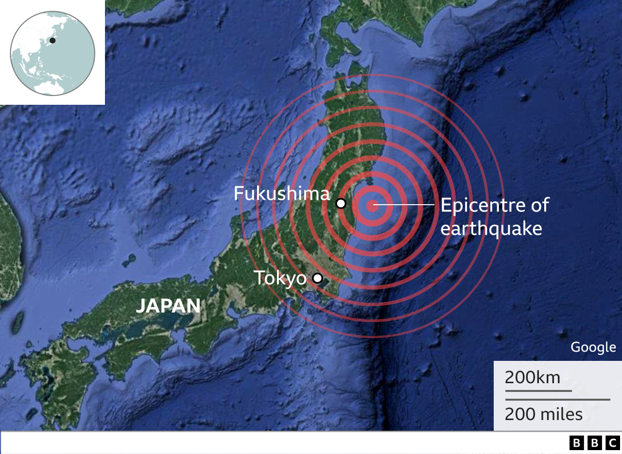 A BBC map shows the location of Fukushima and Tokyo in Japan