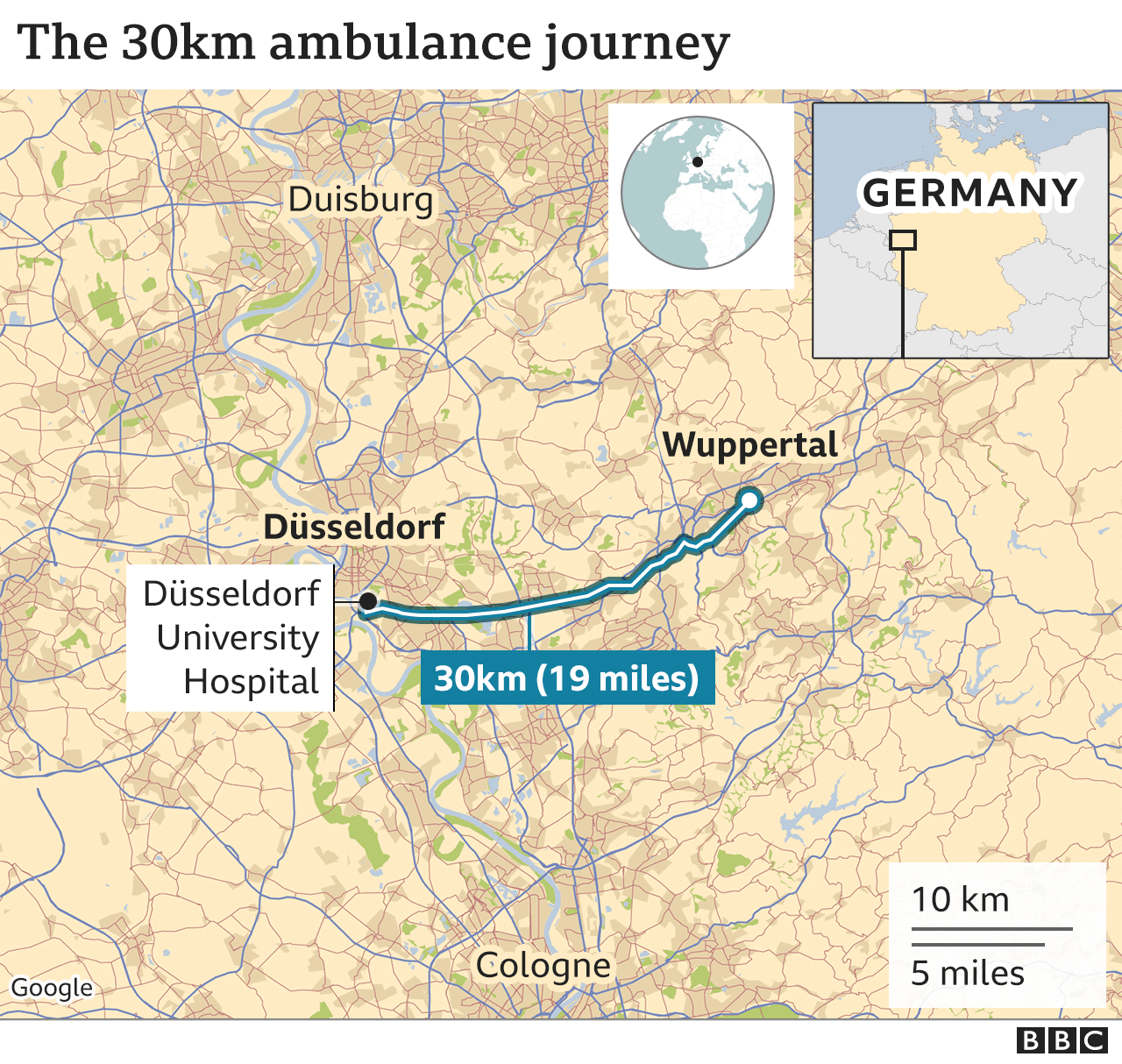 A map shows the distance from Dusseldorf to Wuppertal in Germany