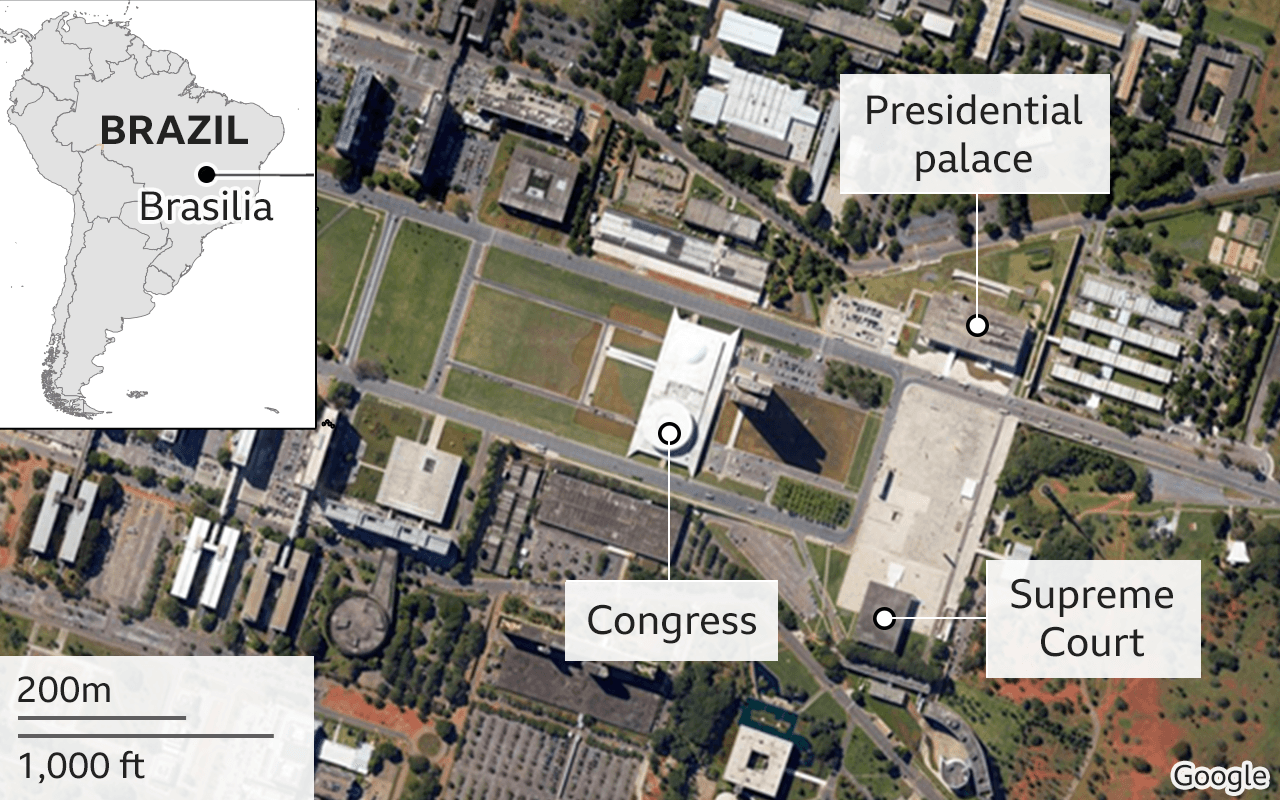 Satellite image showing the location of the Brazilian Congress, Supreme Court and presidential palace.