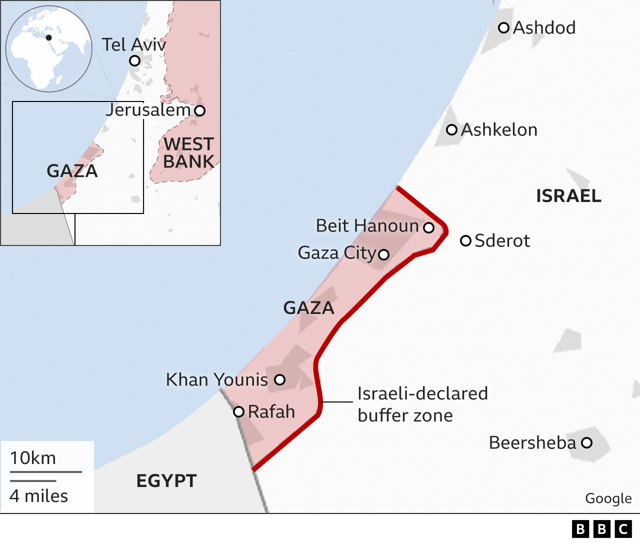 Map showing the Gaza Strip and southern Israel
