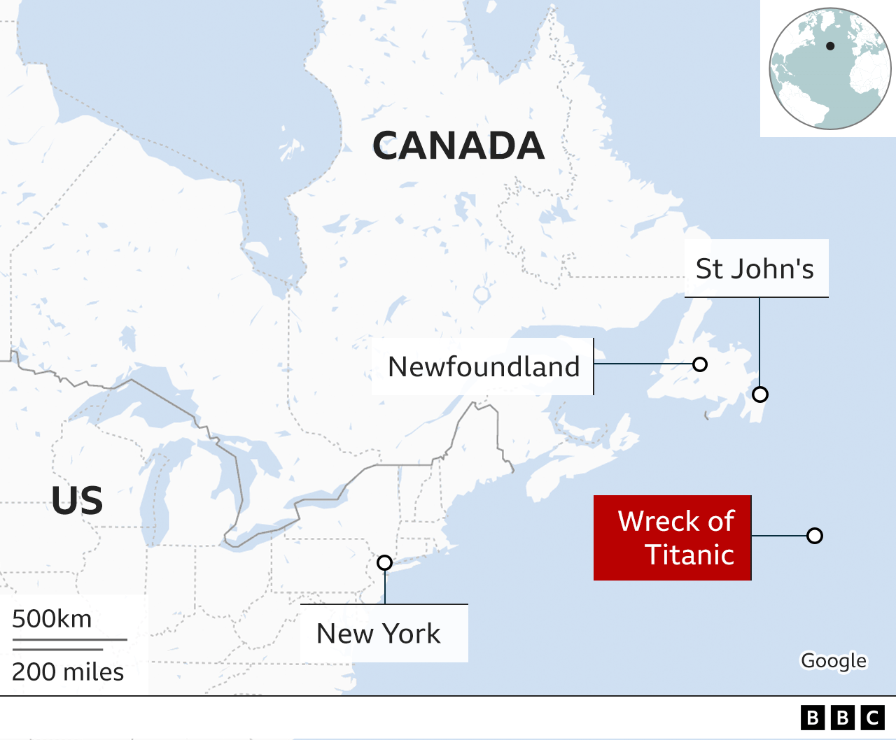 Map shows the location of the Titanic wreck