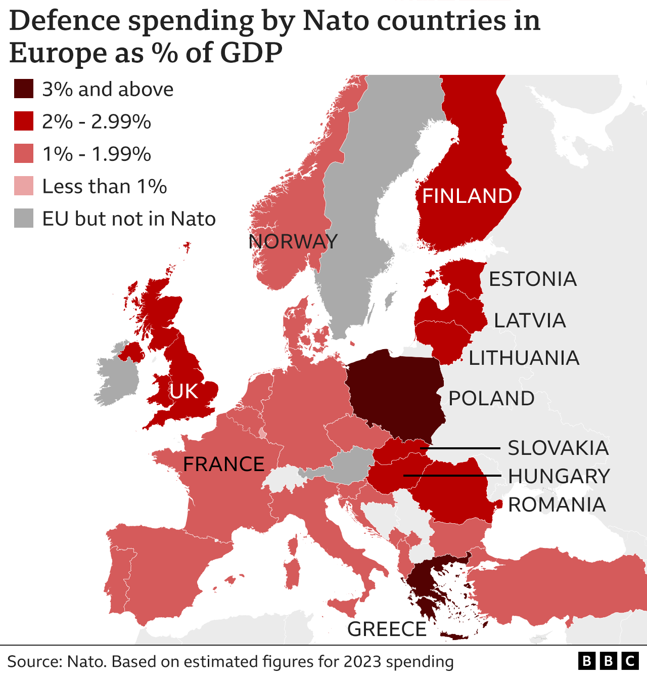 Map showing defence spending by Nato members in Europe. Poland and Greece had the highest spending as a % of GDP among European members.