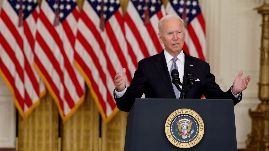 US President Joe Biden gestures as he gives remarks on the worsening crisis in Afghanistan from the East Room of the White House 16 August 2021 in Washington, DC.