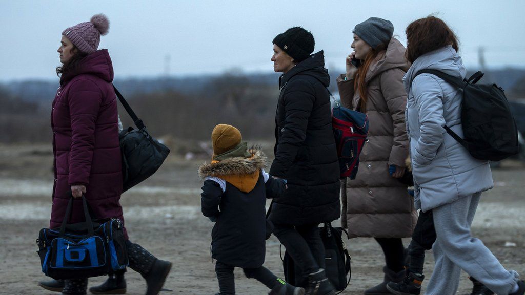 Ukrainians fleeing Ukraine arrive at the reception centre near Palanca Village, near the Moldova-Ukraine border in Moldova
