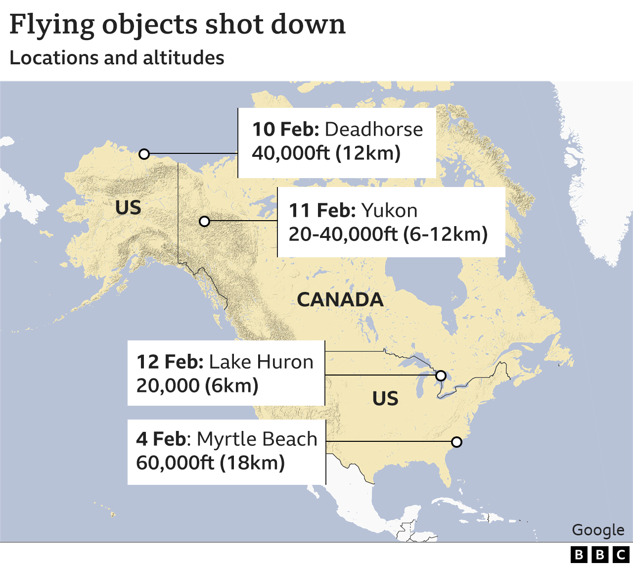 Map showing location and altitudes of shot down objects
