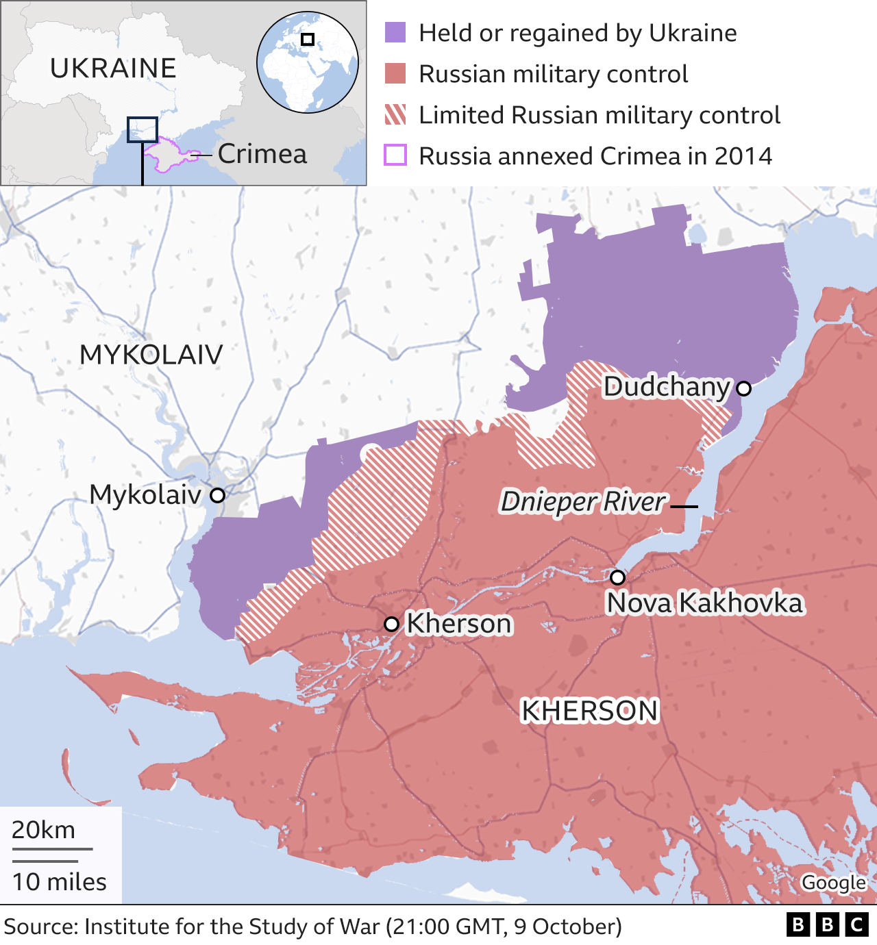 Map showing a close-up of the Kherson region in Ukraine