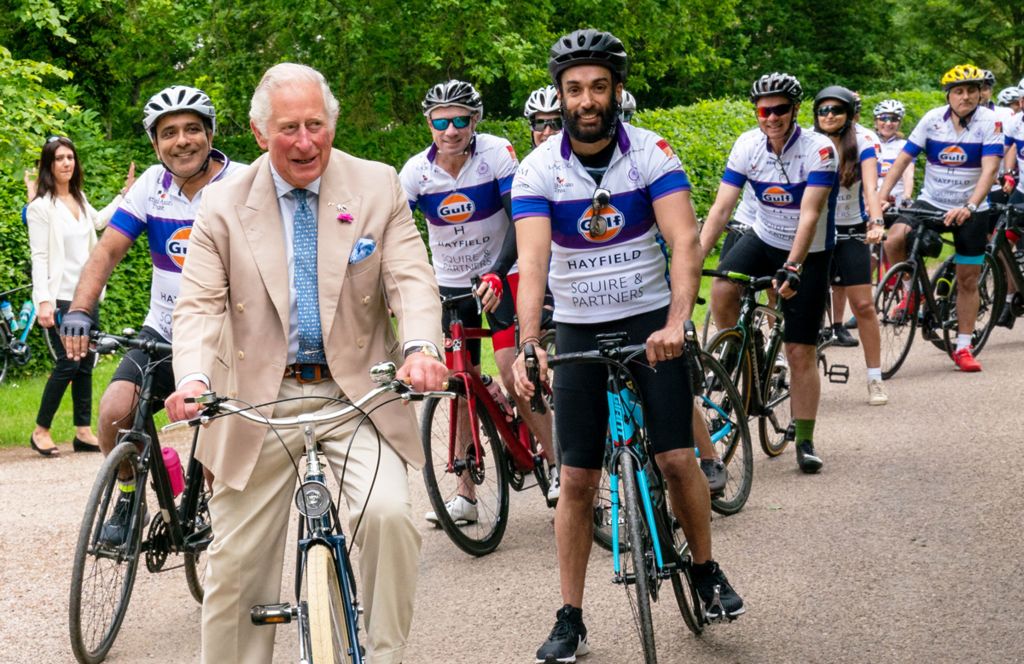 Charles joins members of the British Asian Trust (BAT) for a short distance as they kick-start BAT's 'Palaces on Wheels' Sponsored Bike Ride, at Highgrove House in Tetbury, Gloucestershire on June 10, 2021