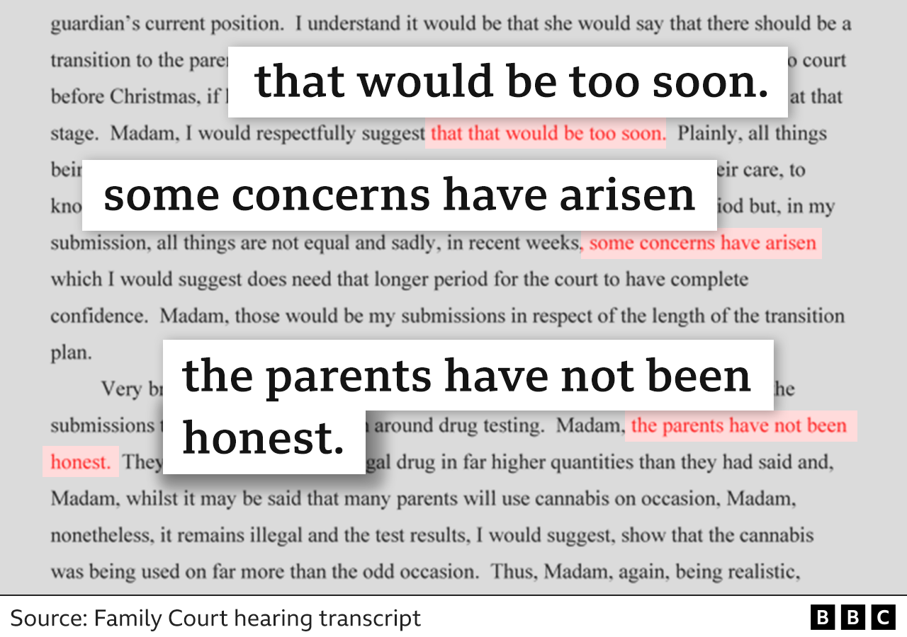 Part of the transcript of the family court hearing about Finley Boden with the phrases, 'that would be too soon,' 'some concerns have arisen,' and 'the parents have not been honest' highlighted.