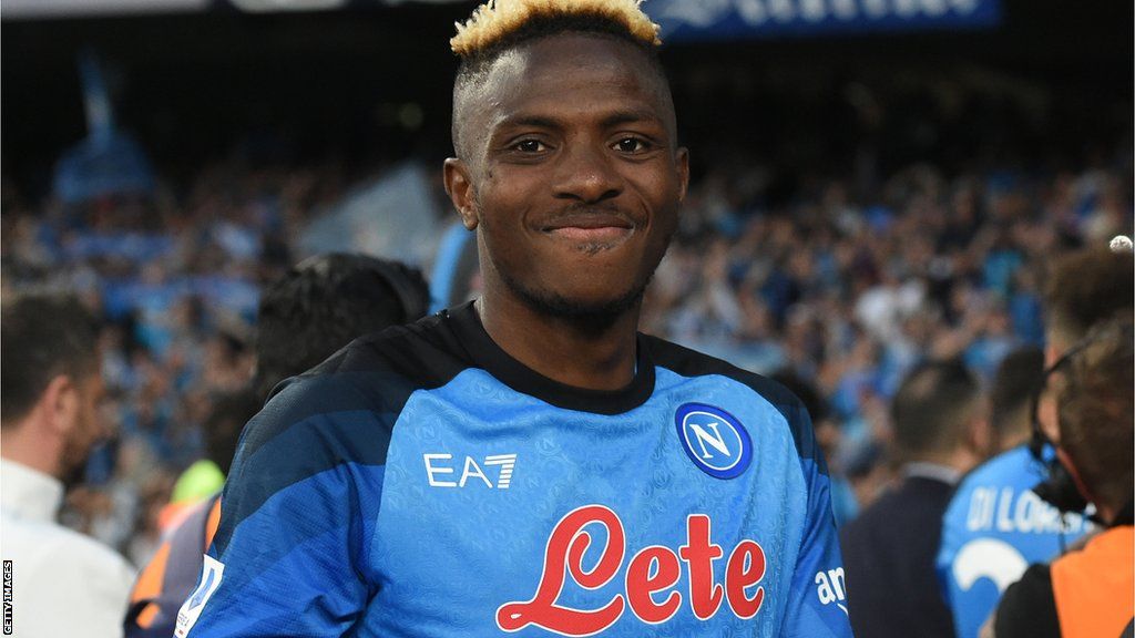 Victor Oshimen of SSC Napoli smiling following his team victory at the end of the Serie A match against ACF Fiorentina at Stadio Diego Armando Maradona Naples Italy on 7 May 2023.