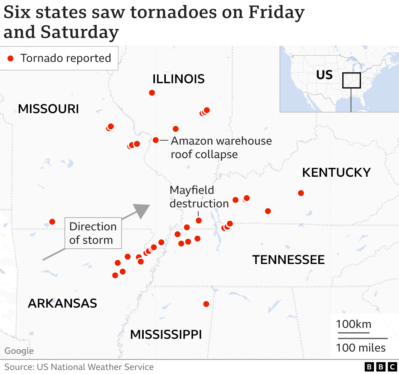 Map showing the US states where tornadoes hit