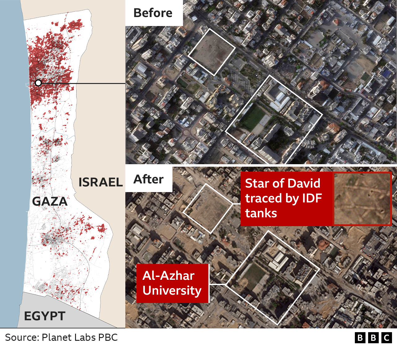 Satellite images show before and after of park near university that had a Star of David drawn into it by tank tracks