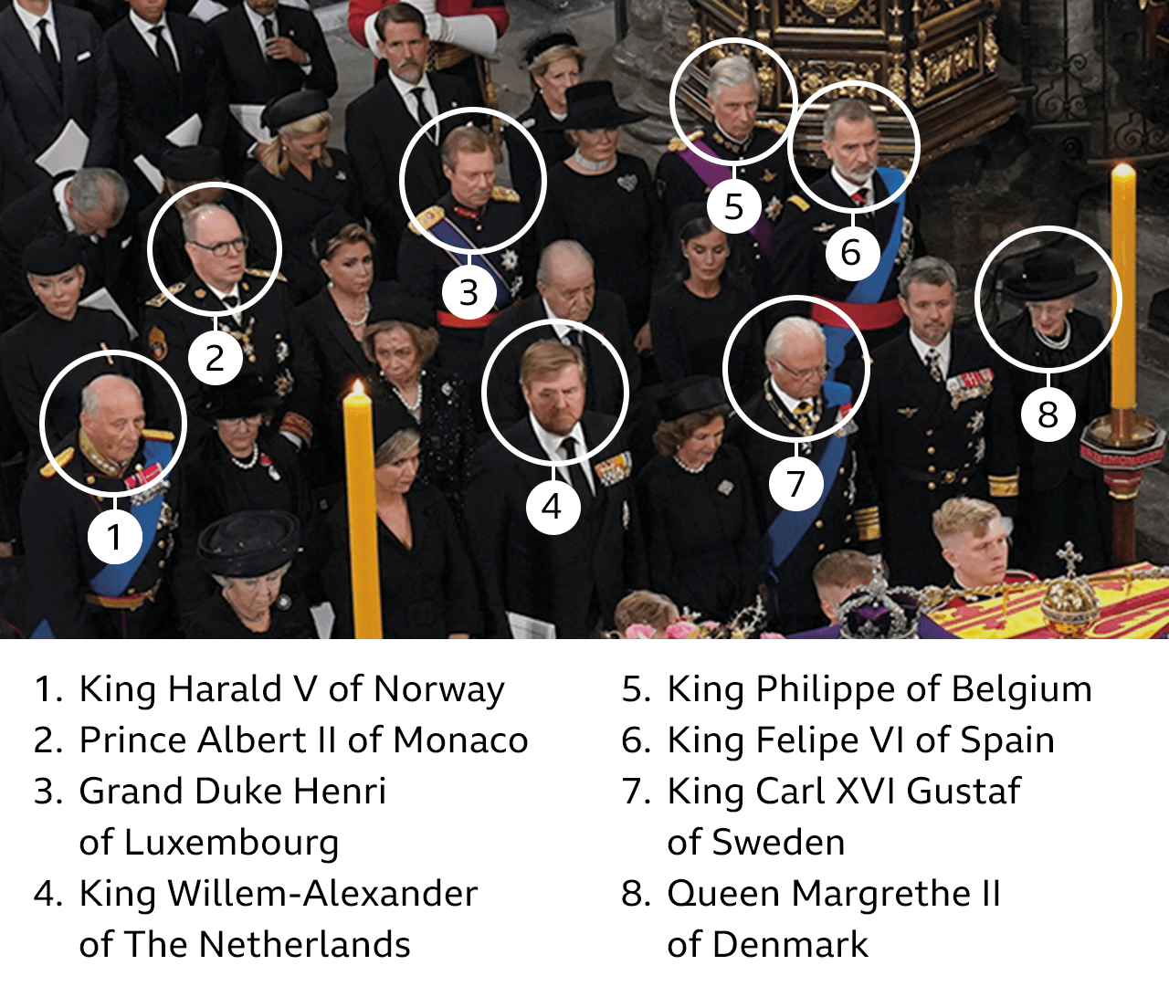 Rey Harald V de Noruega, Príncipe Alberto II de Mónaco, Gran Duque Enrique de Luxemburgo, Rey Willem-Alexander de Holanda, Rey Felipe de Bélgica, Rey Felipe VI de España, Rey Carlos XVI Gustaf de Suecia, Reina Margarita II de Dinamarca