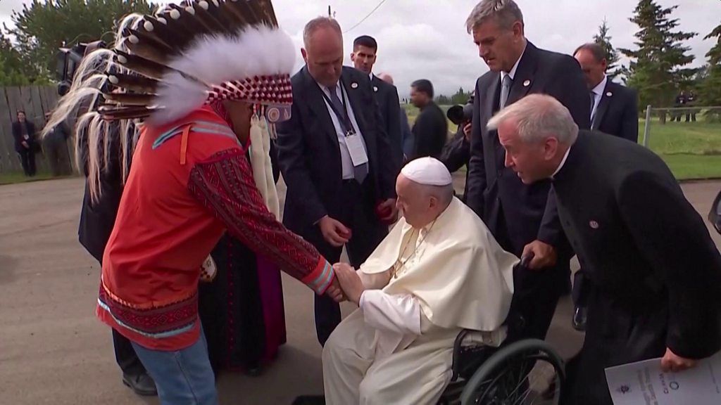 The pope in a wheelchair met and apologised to indigenous people of Canada