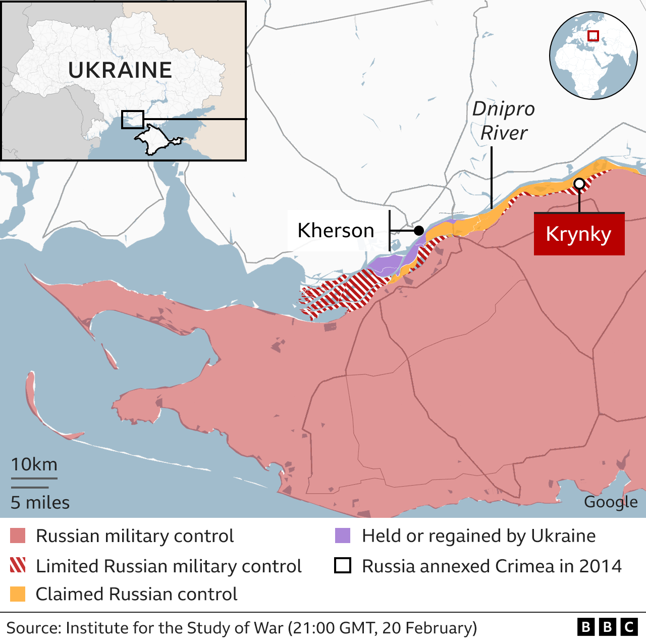 Map showing areas of control around Krynky and Kherson