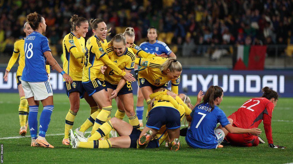 Sweden's players celebrate scoring against Italy at the Women's World Cup