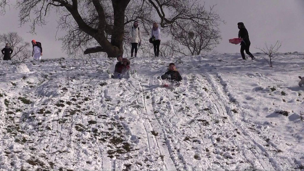 Children sledging in the snow