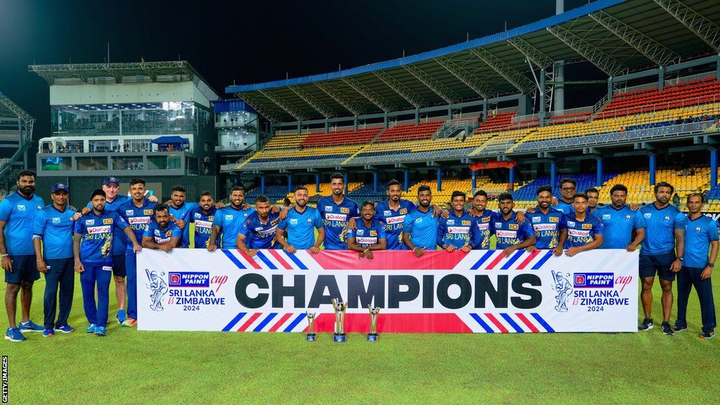 Sri Lanka celebrate with the ODI series trophy