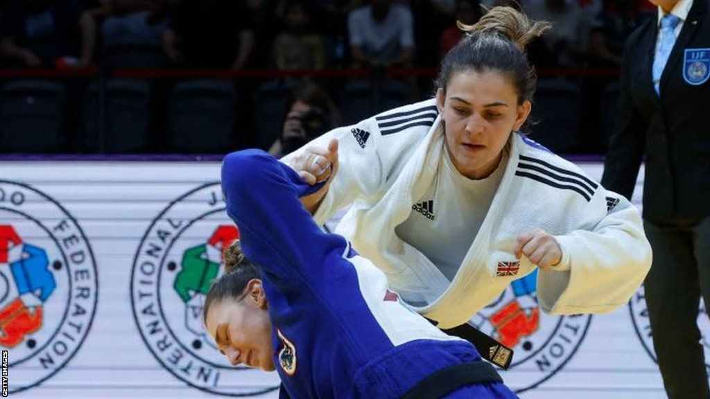 Jemima Yeats-Brown (white) and Austrian Michaela Polleres compete in the women's -70kg bronze bout at the World Judo Championship in Doha
