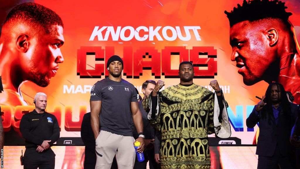 Anthony Joshua and Francis Ngannou at their pre-fight press conference in January