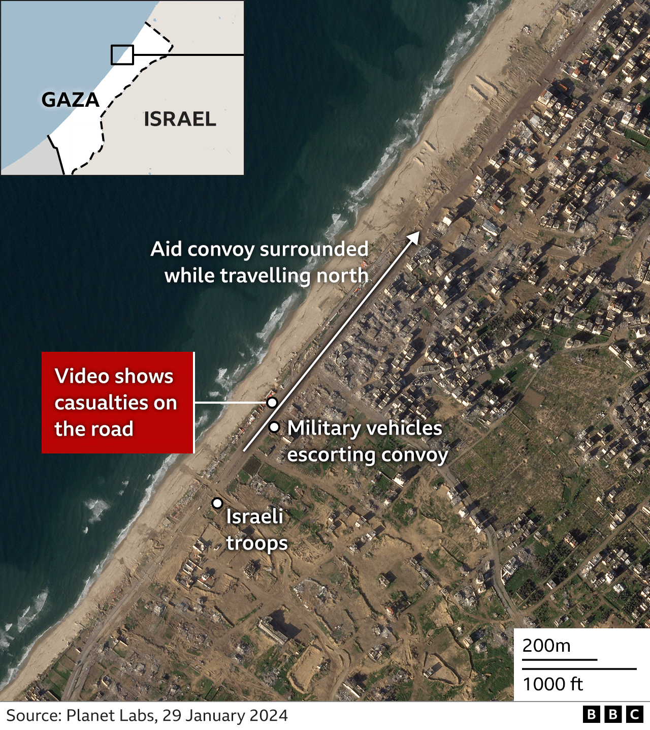 Map showing where the incident with the aid convoy took place in Gaza