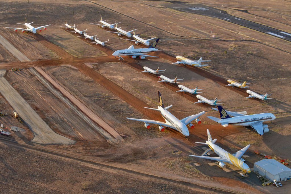 aeroplanes parked in the desert