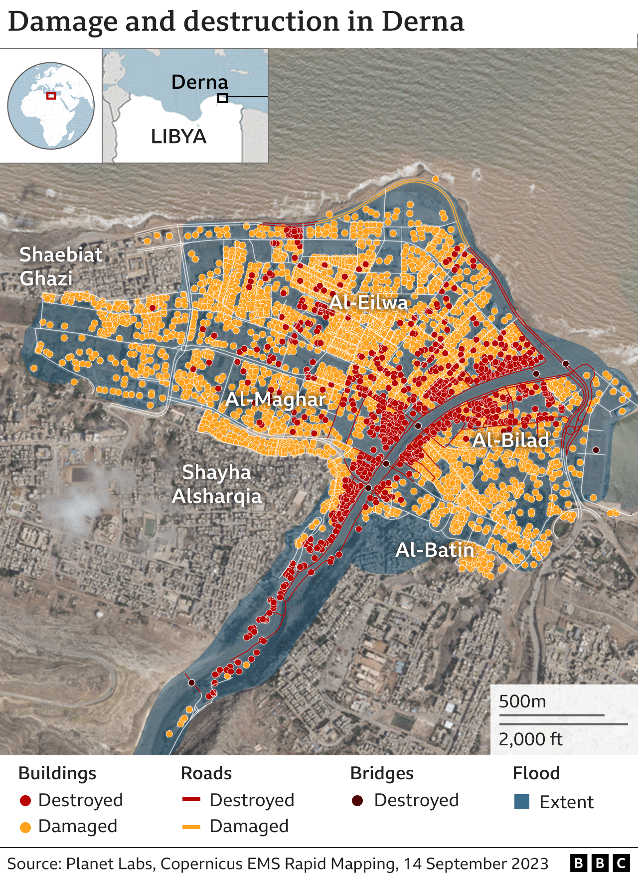 Analysis of satellite images shows how many buildings affected