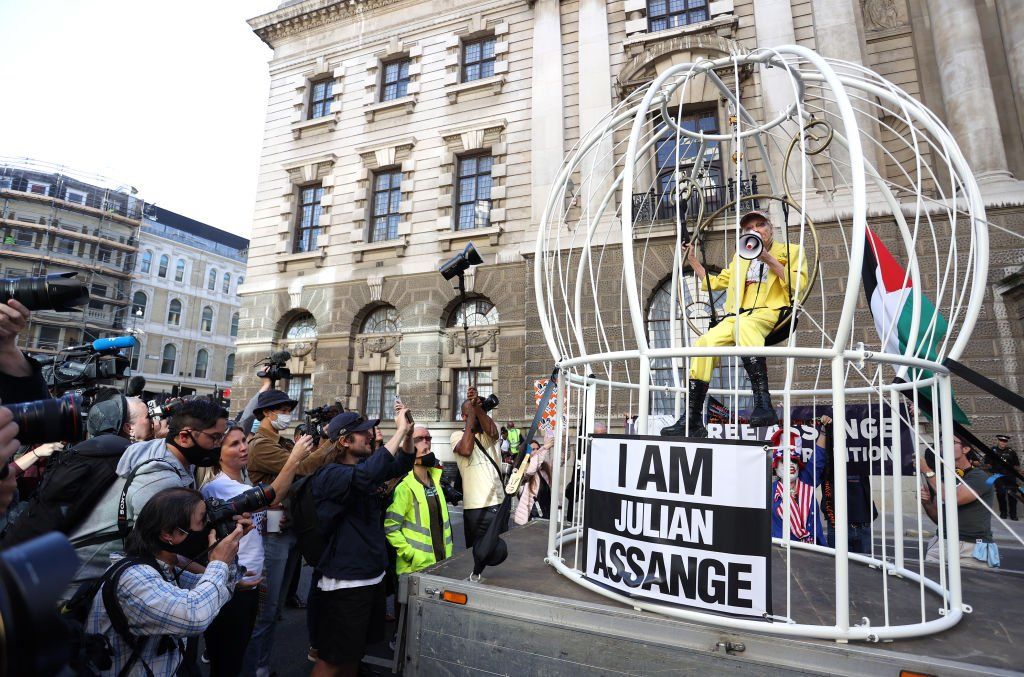 Vivienne Westwood inside giant bird cage in protest for Julian Assange at Old Bailey, 21 July 2020