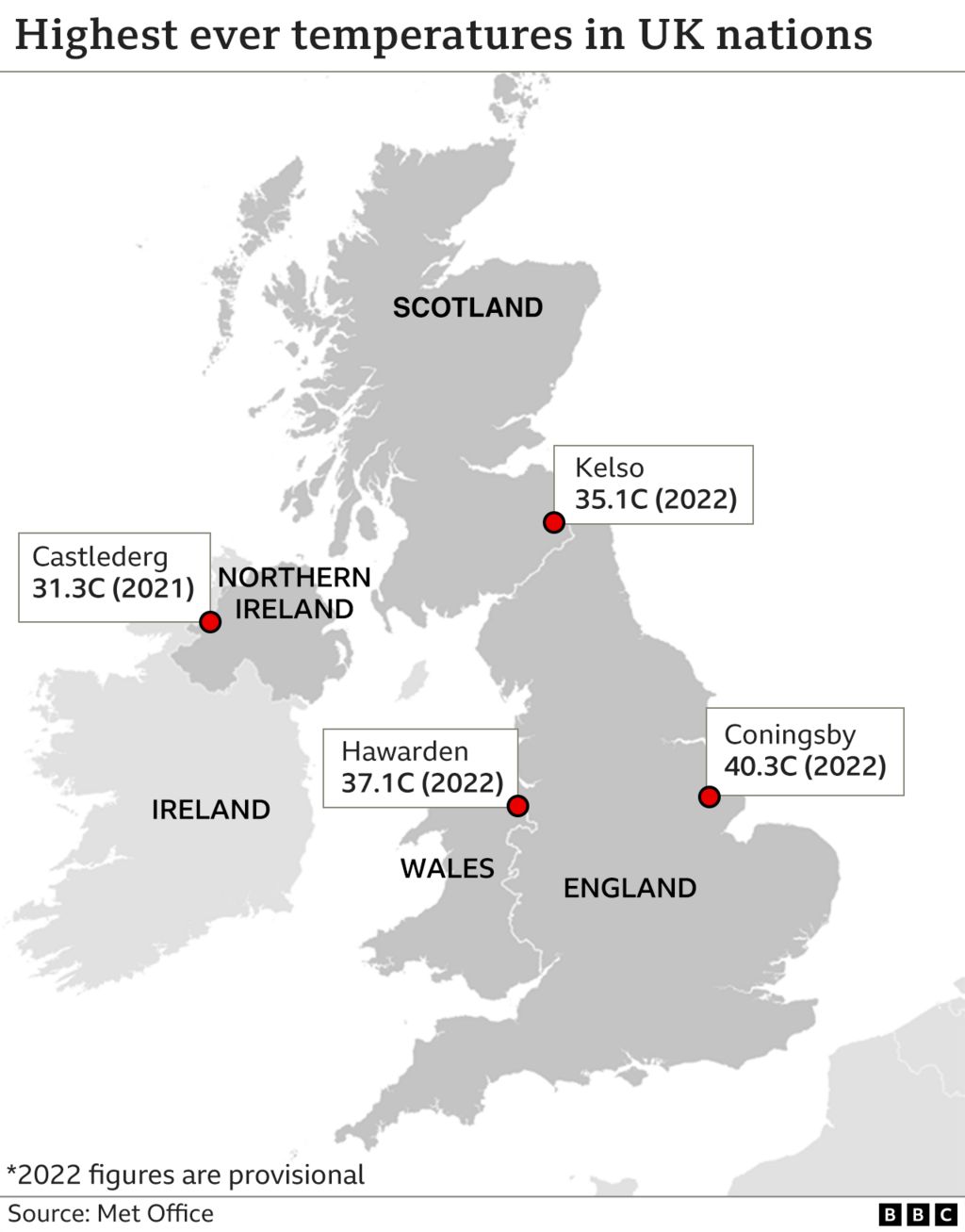 Карта, показывающая рекордные температуры в странах Великобритании