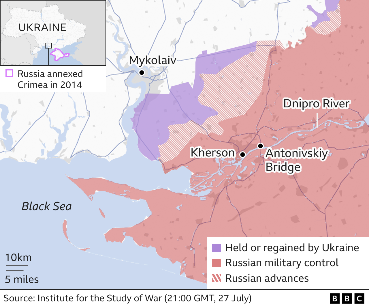 Map showing the southern city of Kherson and its surrounding area