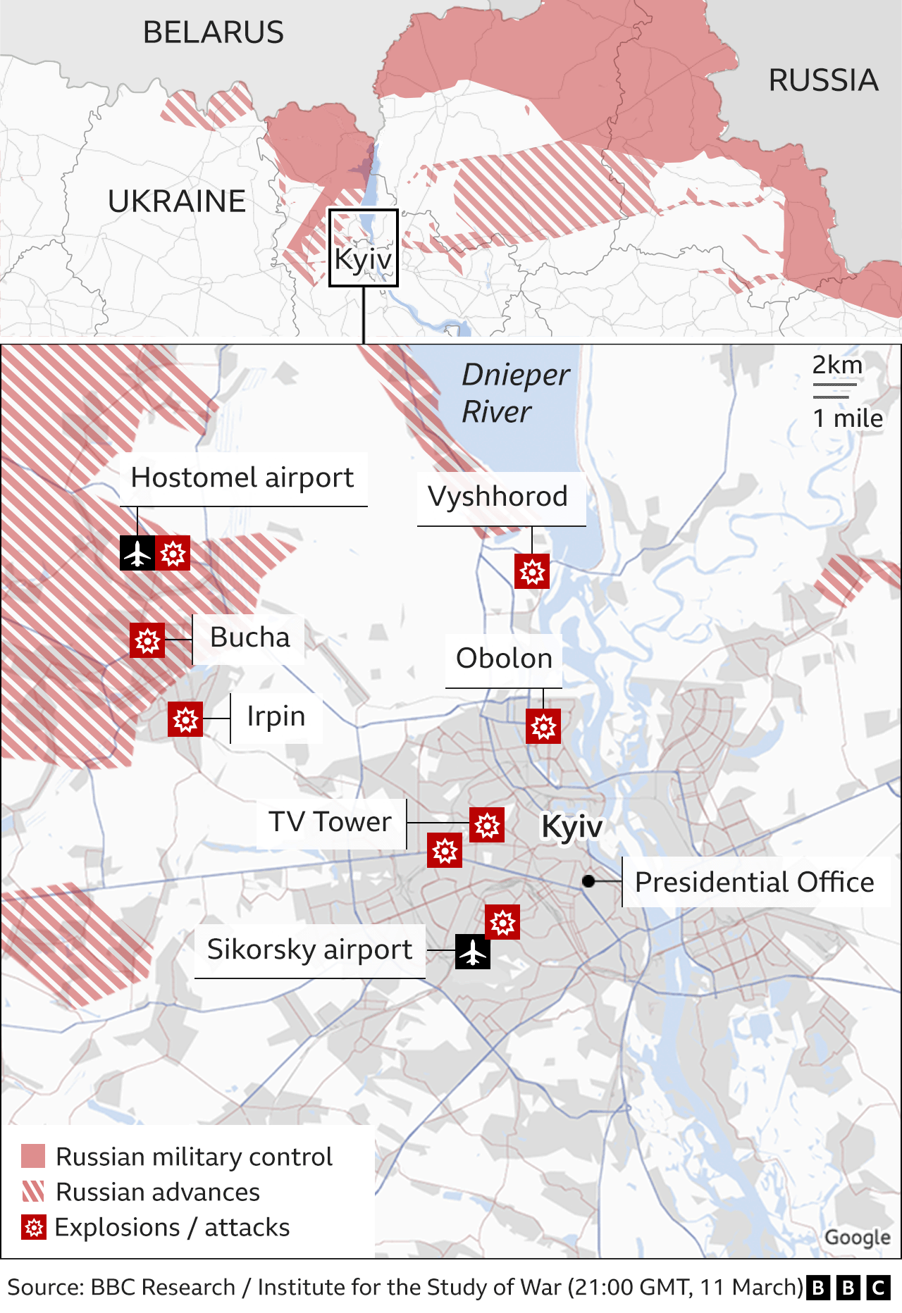 Map showing key locations in Kyiv, with Russian troops just to the north, east and west of the capital