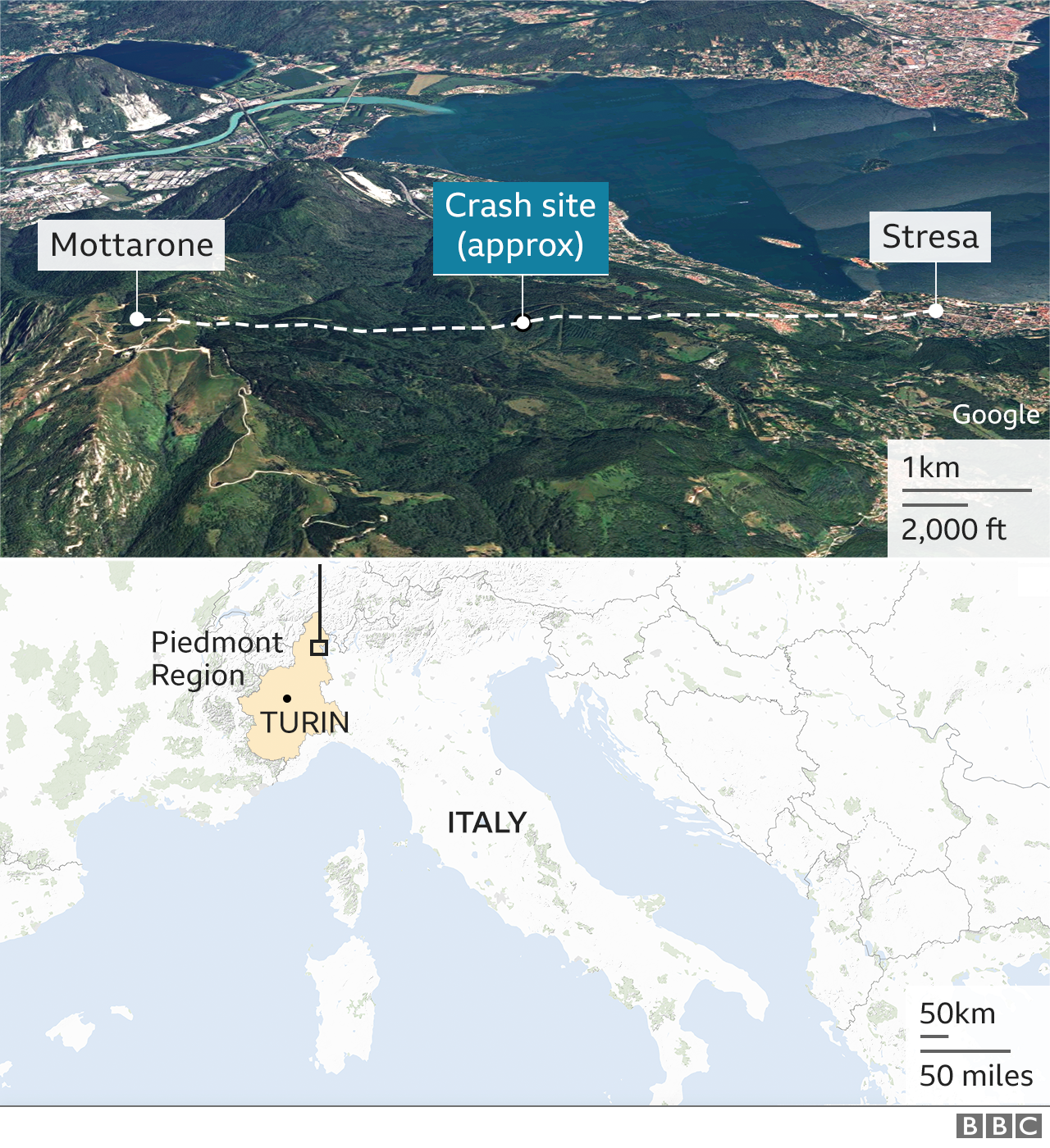 Map showing Italy as well as graphic of the crash site on satellite image