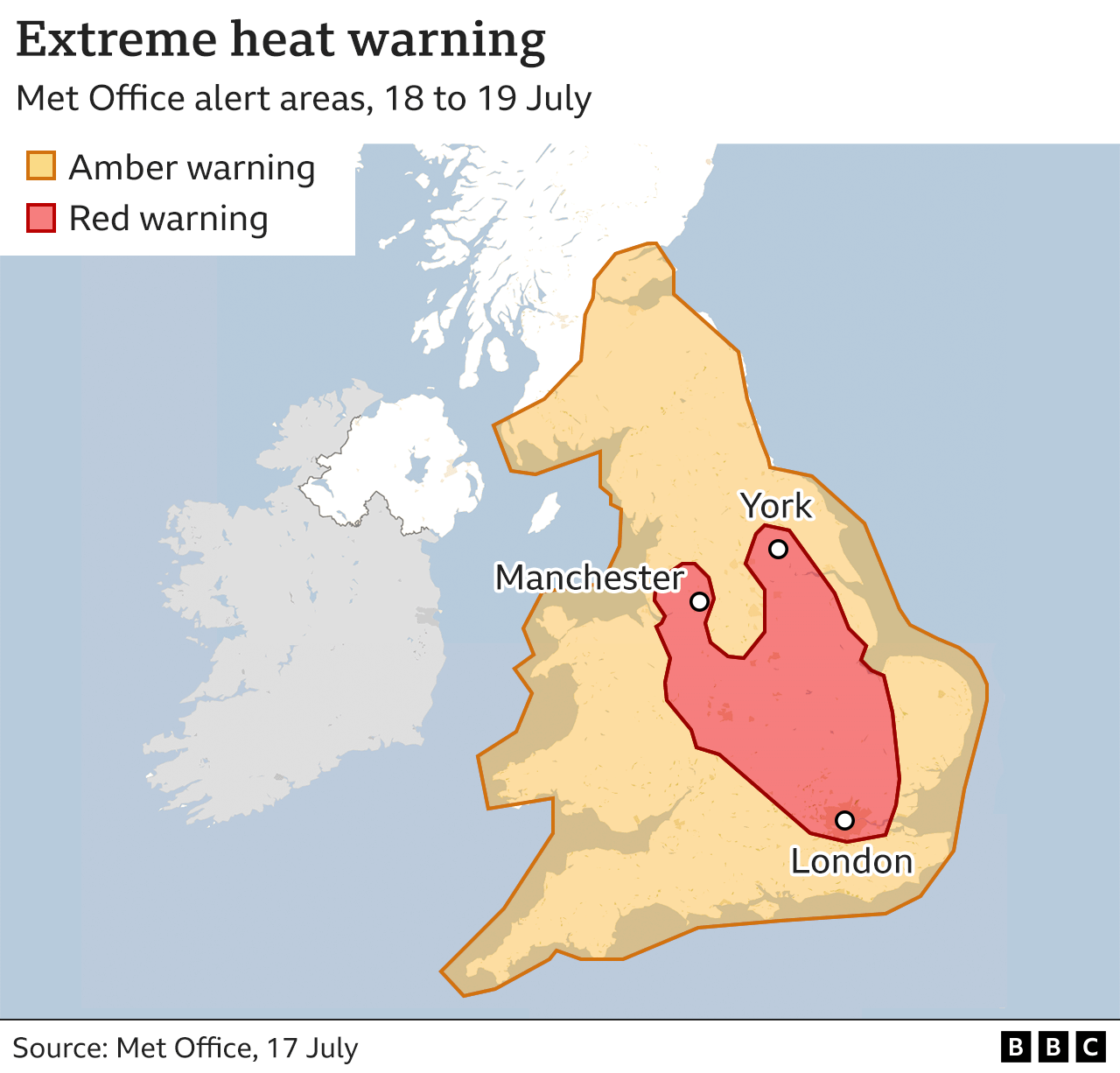 A map of the amber and red weather warnings