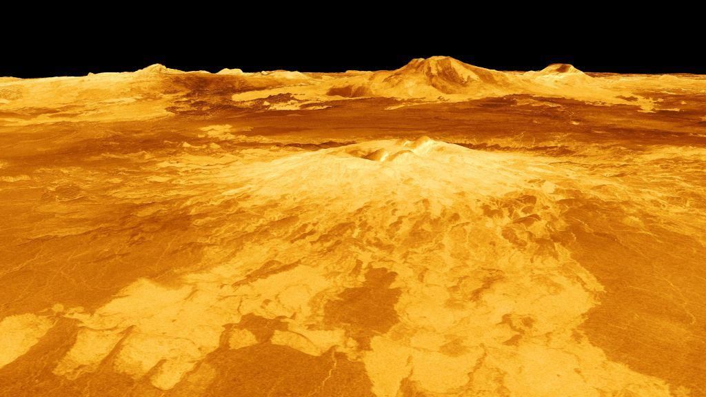 Computer-generated view of surface of the planet Venus dominated by the volcano Sapas Mons. Lava flows extend for hundreds of kilometres across the fractured plains shown in the foreground. 