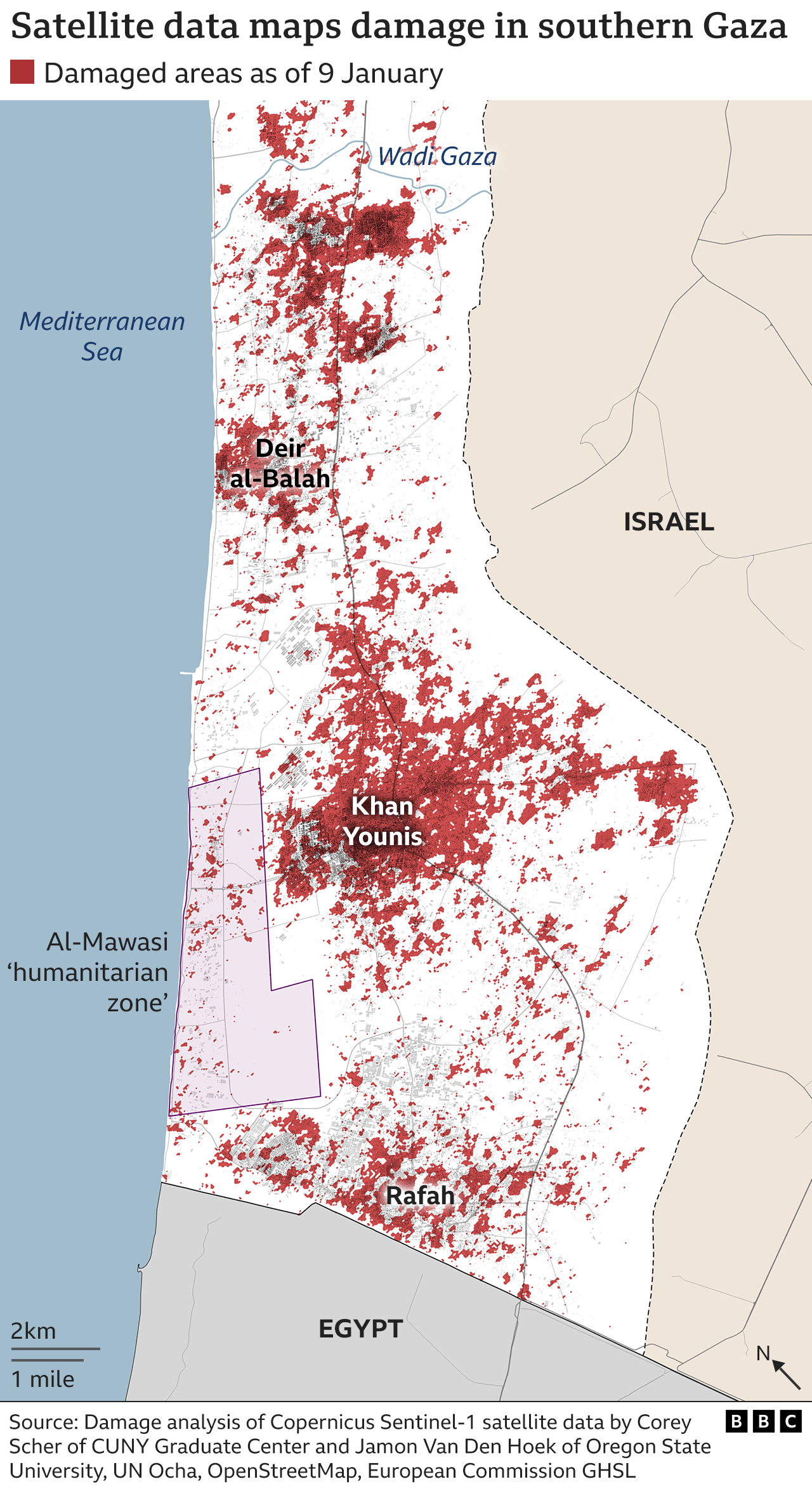 Satellite data map showing damage in the southern Gaza Strip (9 January 2024)