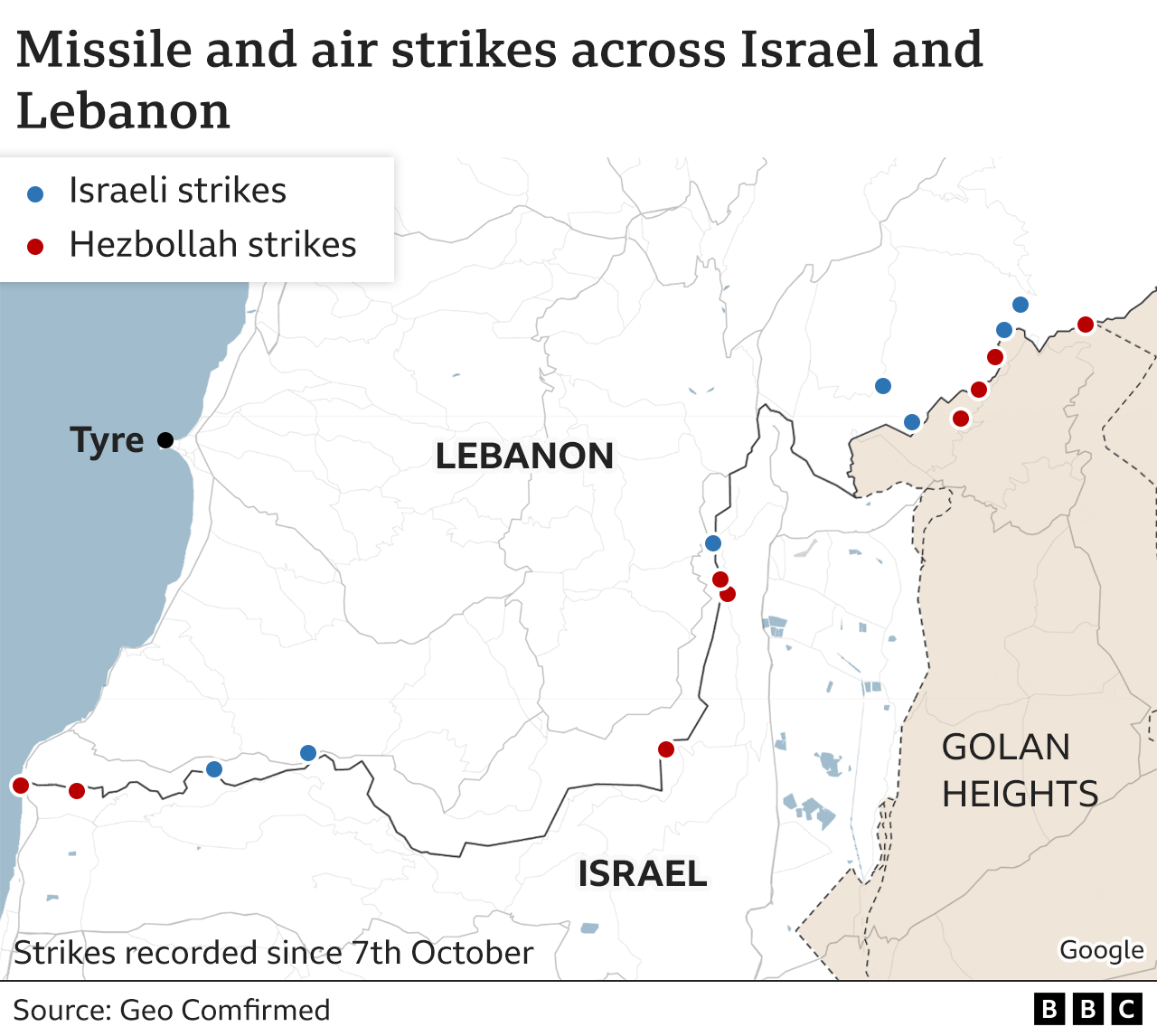 Map showing missile and air strikes across Israel and Lebanon