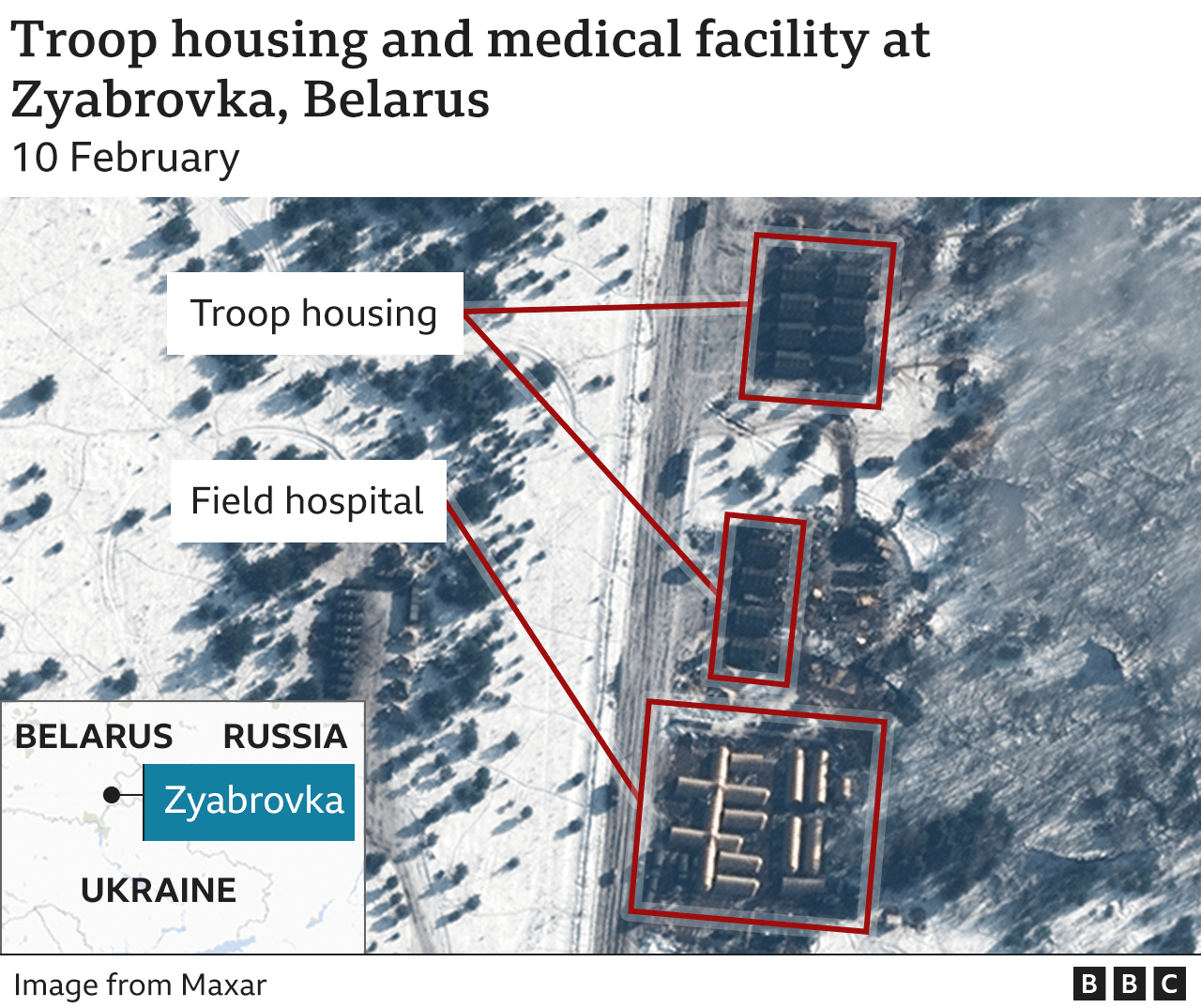 Satellite image showing troop housing and field hospital in Belarus