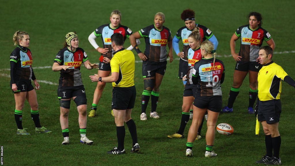 Emily Robinson (second left) is sent off at the end of Harlequins game with Saracens