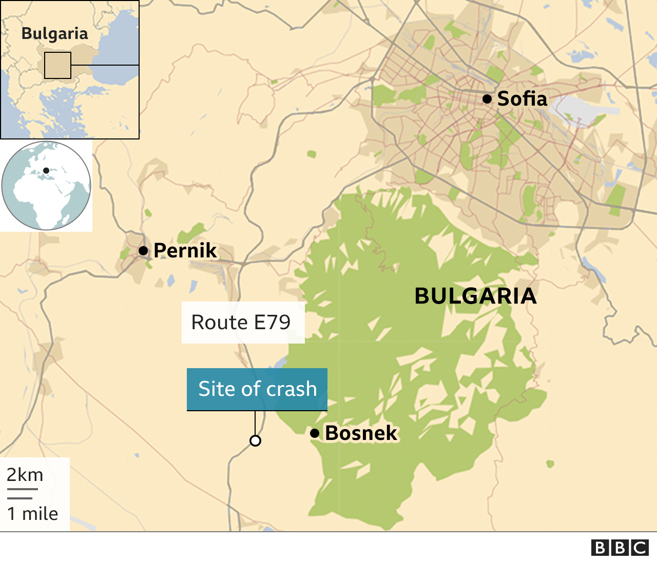 Map of Bulgaria showing the site of the crash.