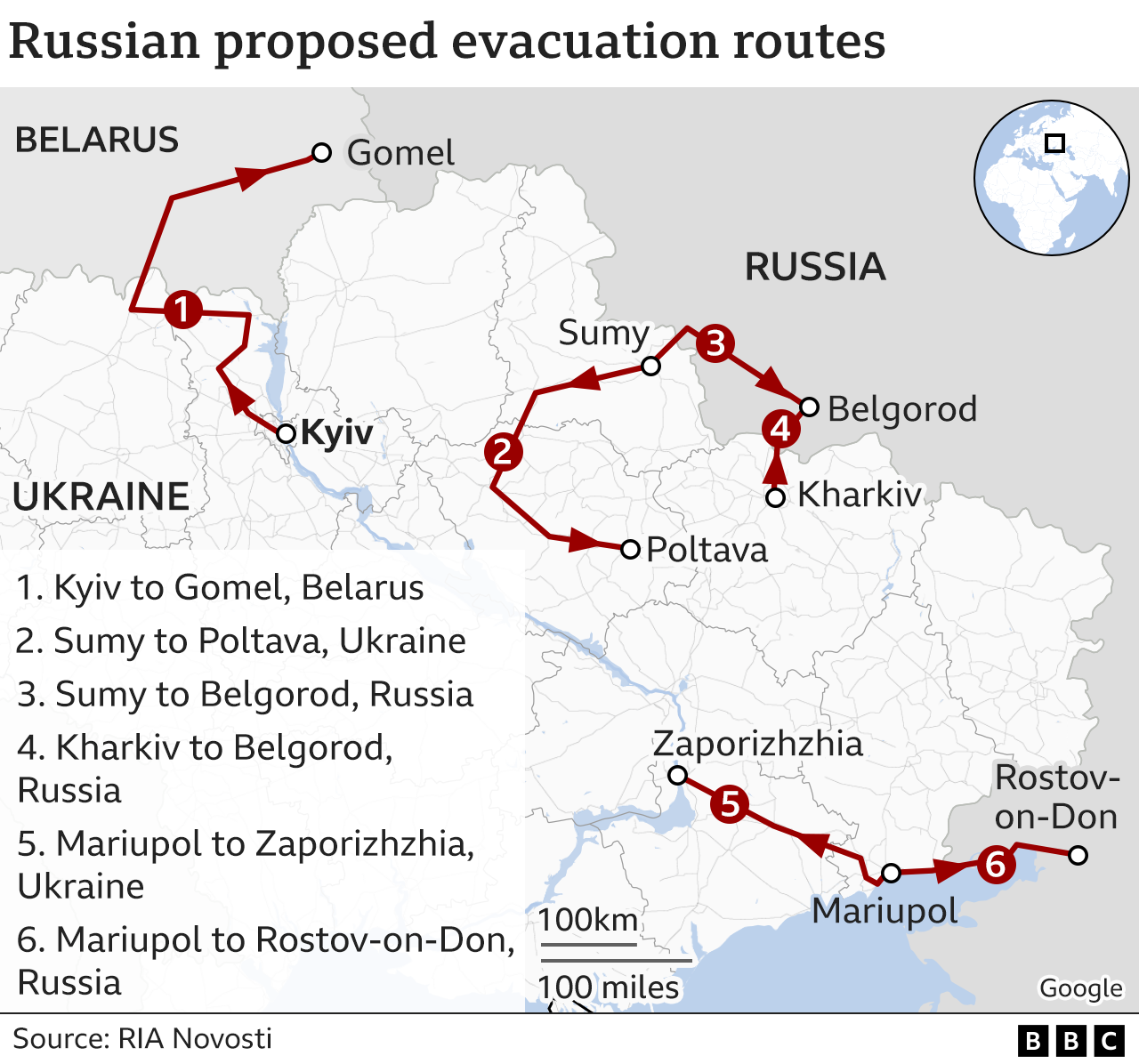 Map showing proposed Russian humanitarian corridors