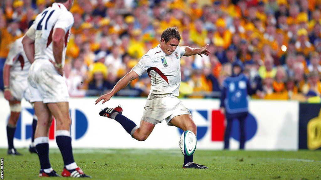 Jonny Wilkinson kicks the winning drop-goal as England beat Australia in the 2003 Rugby World Cup final