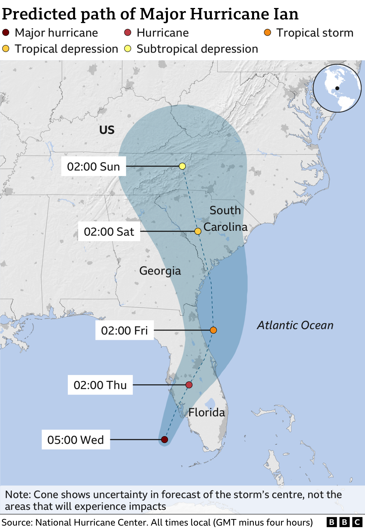 Predicted path of Hurricane Ian. Updated 28 September