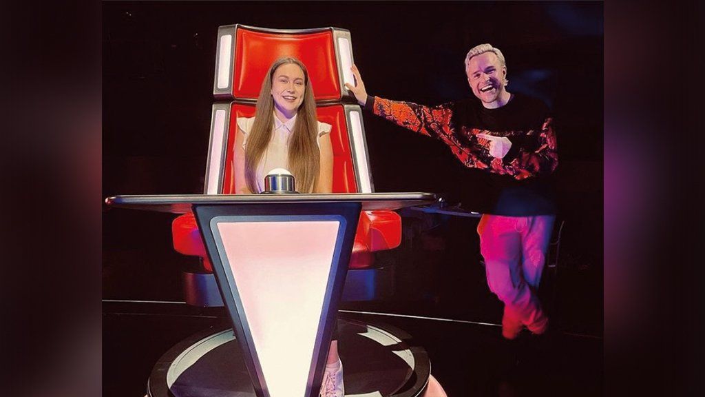 Grace Holden and Olly Murs on set of ITV's 'The Voice'