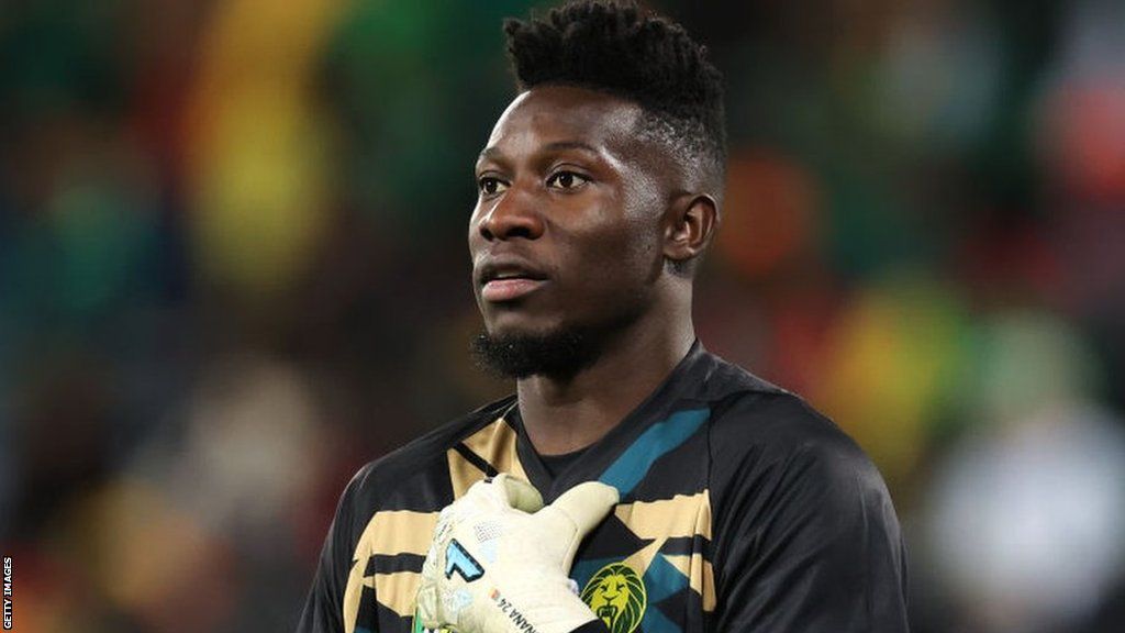 Manchester United goalkeeper Andre Onana in action for Cameroon