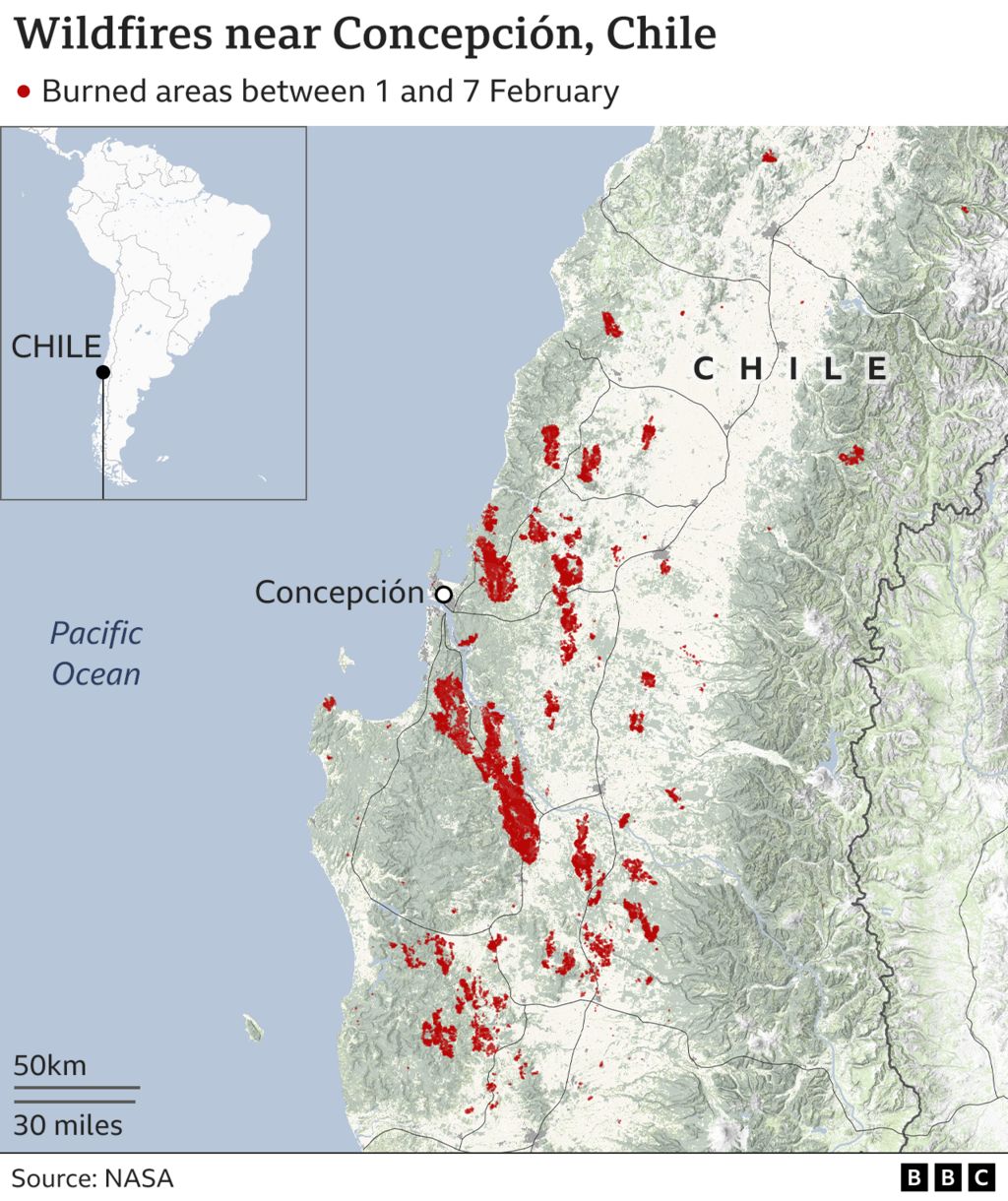 Map of the fires in Chile