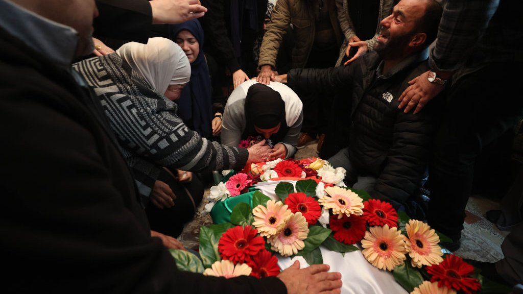 Relatives of 17-year-old American-Palestinian who was shot by Israeli forces in the West Bank during a funeral ceremony near Ramallah in the West Bank on Jan. 20, 2024.