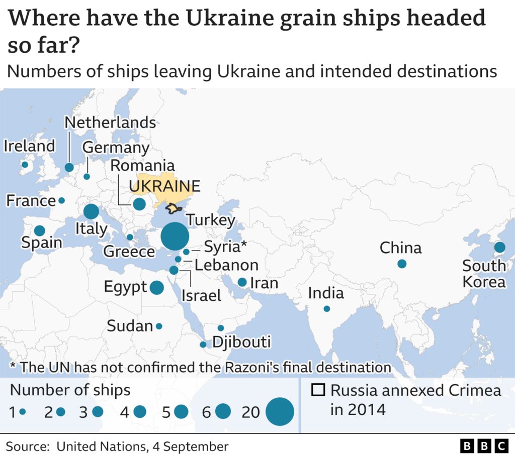 Map showing Ukrainian grain ships
