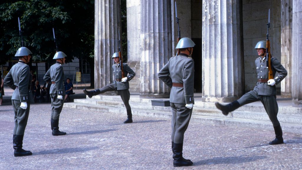 East German soldiers goose step during changing of the guard ceremony at the Neue Wache, 1967