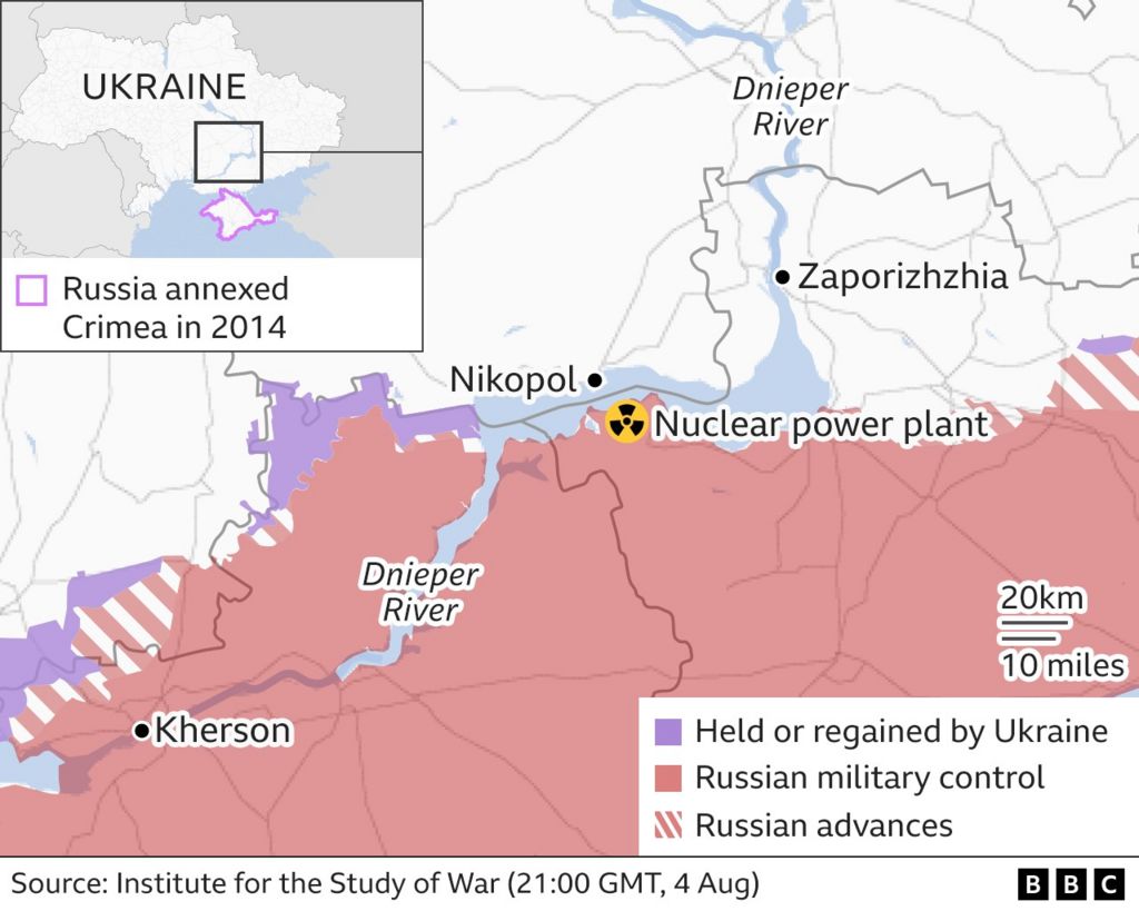 Map showing Zaporizhzhia nuclear power plant and Nikopol