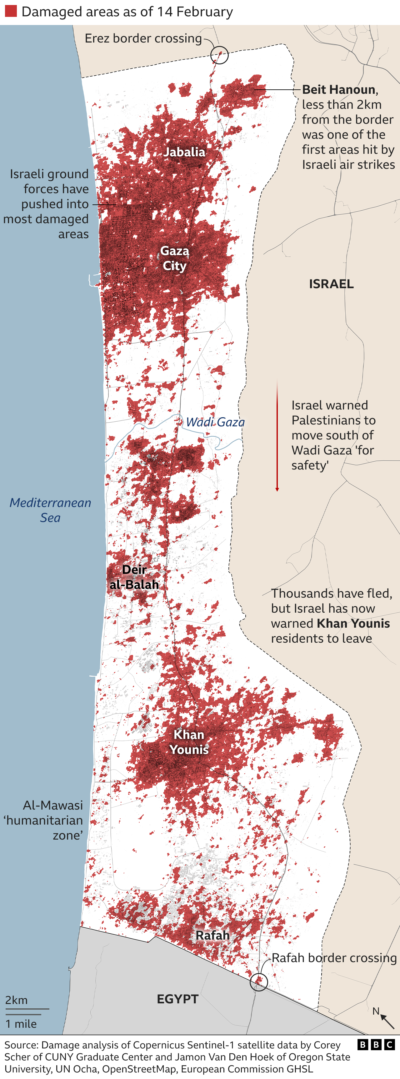 Map showing where buildings have been destroyed or damaged since the start of the conflict up to 14 February - with red areas for damage clearly visible across Gaza. Israel has told Palestinians to move out of areas in the north and around Khan Younis for their own safety.