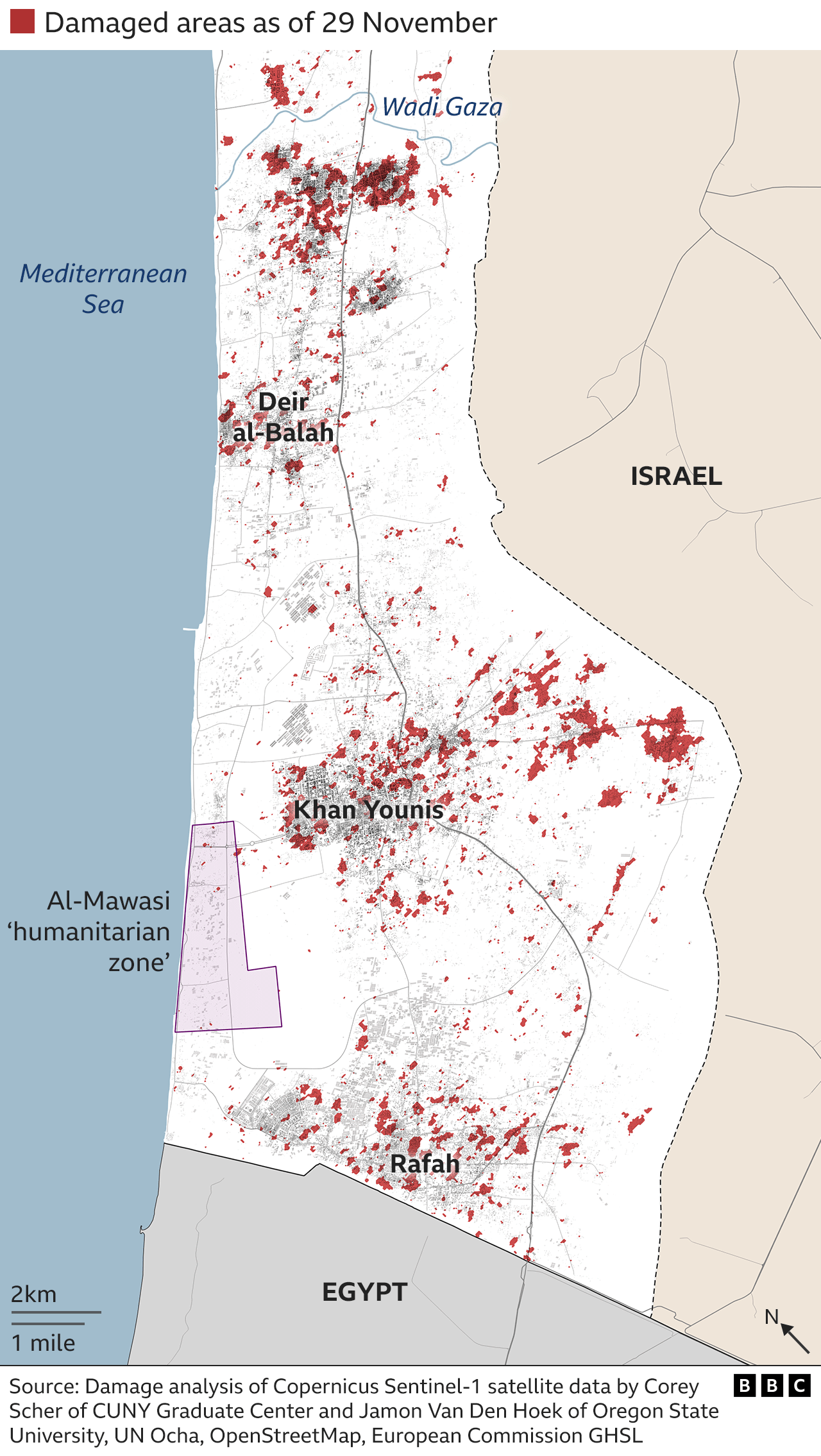 Map showing satellite analysis of damage to buildings in southern Gaza up to 29 November.
